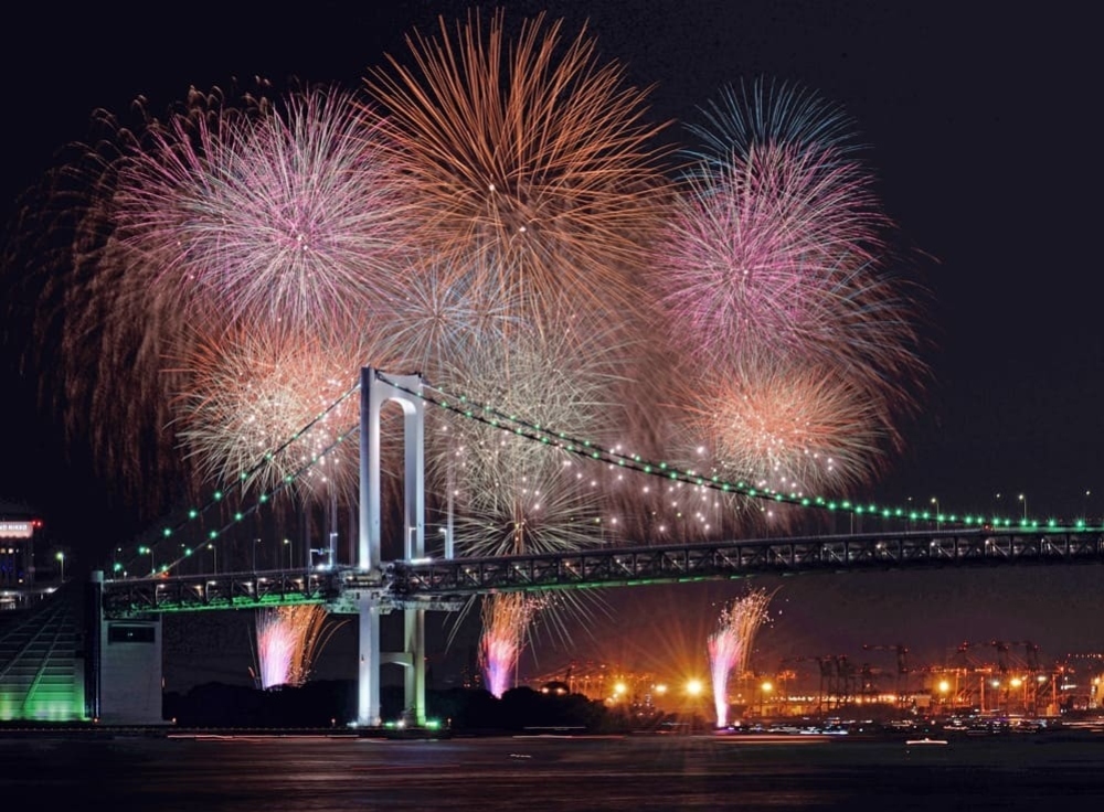 見どころ｜冬夜景に映えるレインボーブリッジと花火の競演