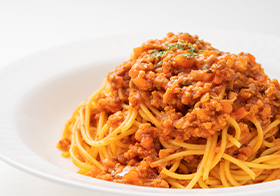 Soy meat bolognese pasta