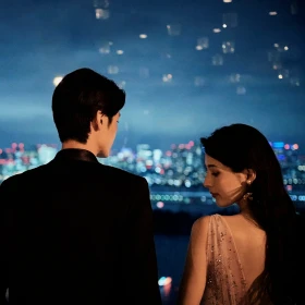 夜景を眺める新郎新婦